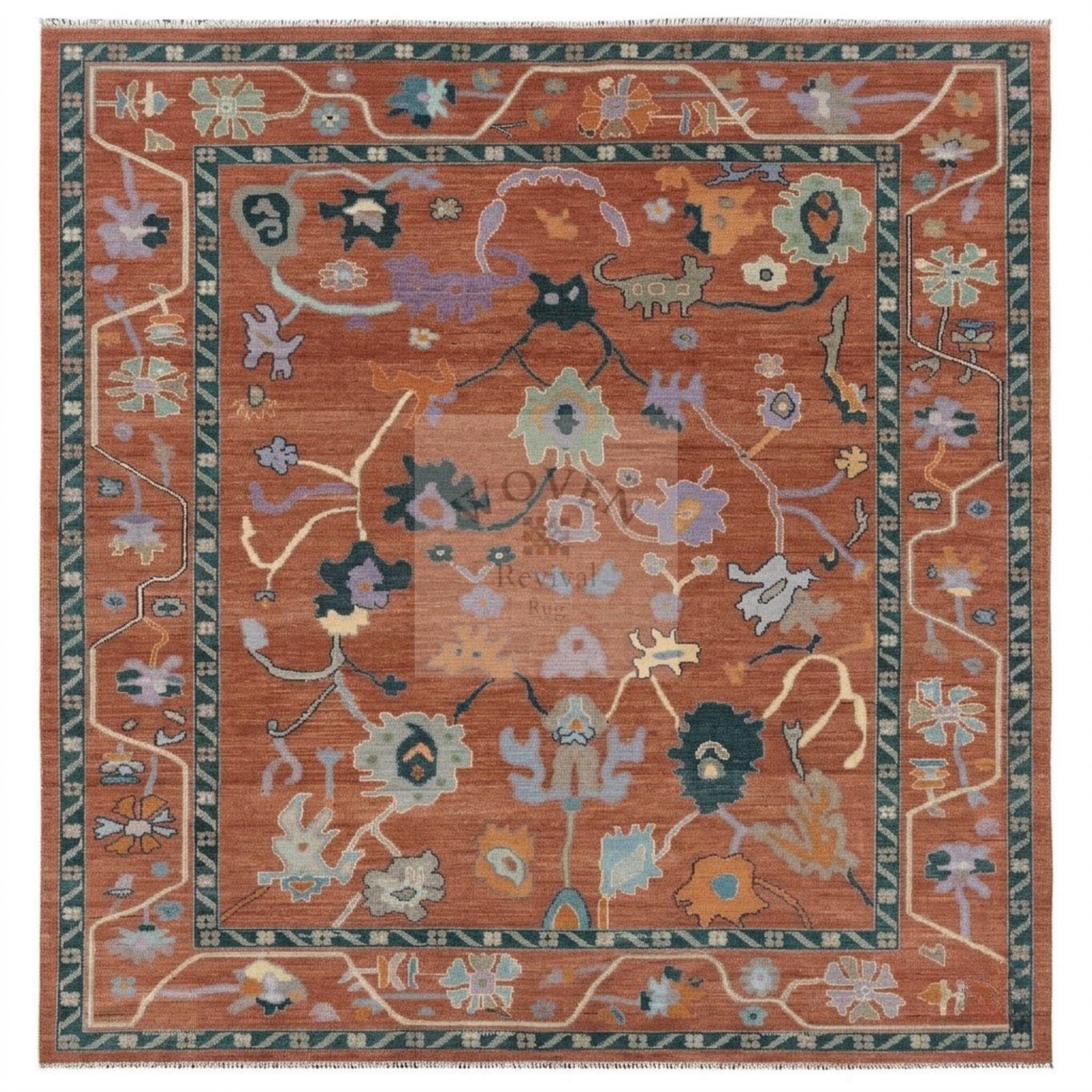 Terracotta Oushak Rug | Hand-Knotted Wool Area Rug with Folk Animal Motifs in Rust, Pine Teal & Lavender