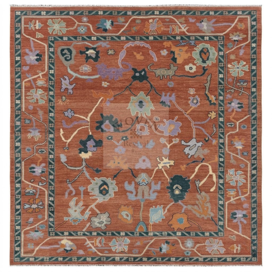 Terracotta Oushak Rug | Hand-Knotted Wool Area Rug with Folk Animal Motifs in Rust, Pine Teal & Lavender