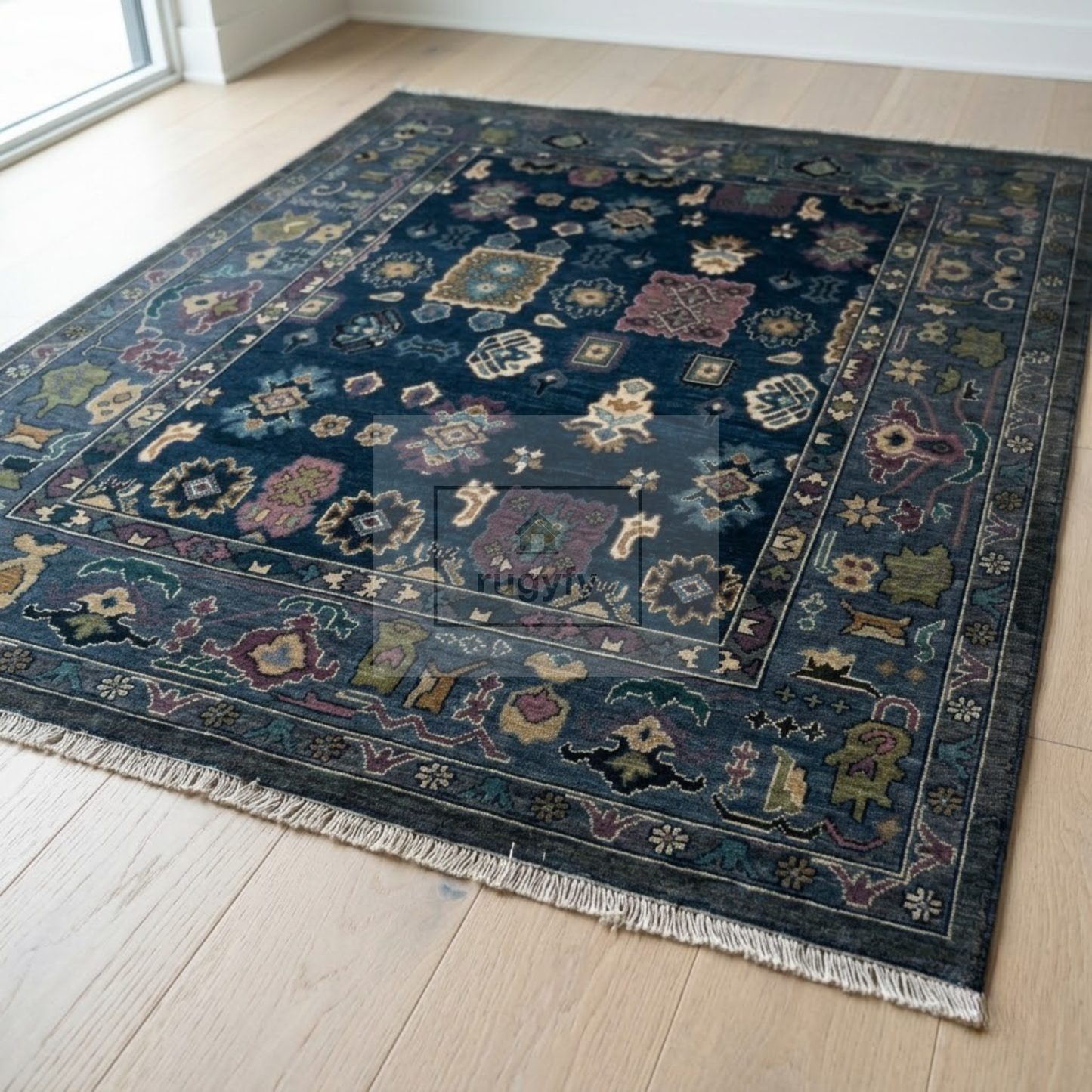 Dark Moody Living Room Rug | Hand-Knotted Navy Wool Oushak with Jewel Tone Motifs