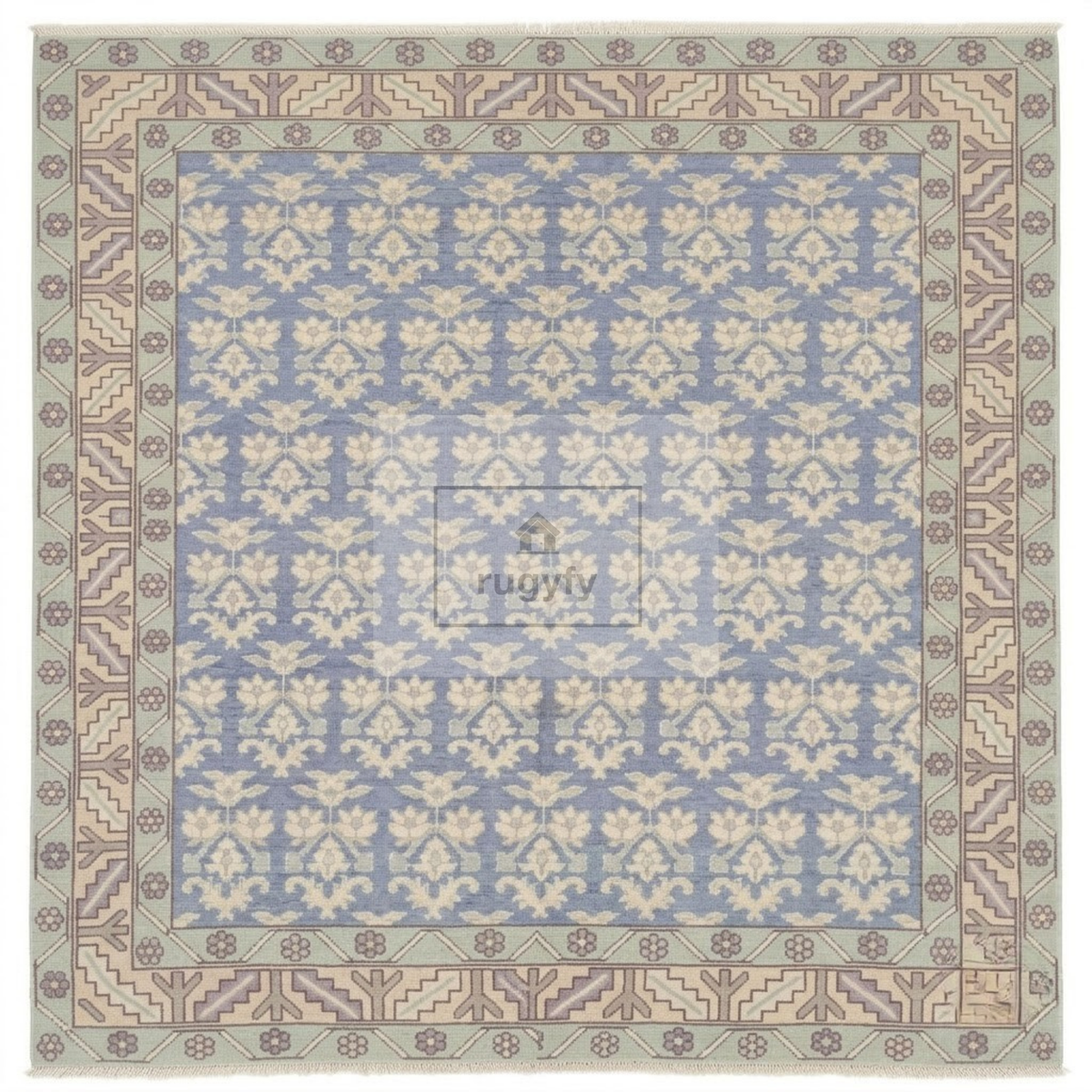Dusty Blue & Ivory Oushak Area Rug | 8x10 9x12 ft Hand-Knotted New Zealand Wool | Periwinkle Floral Turkish Living Room Rug