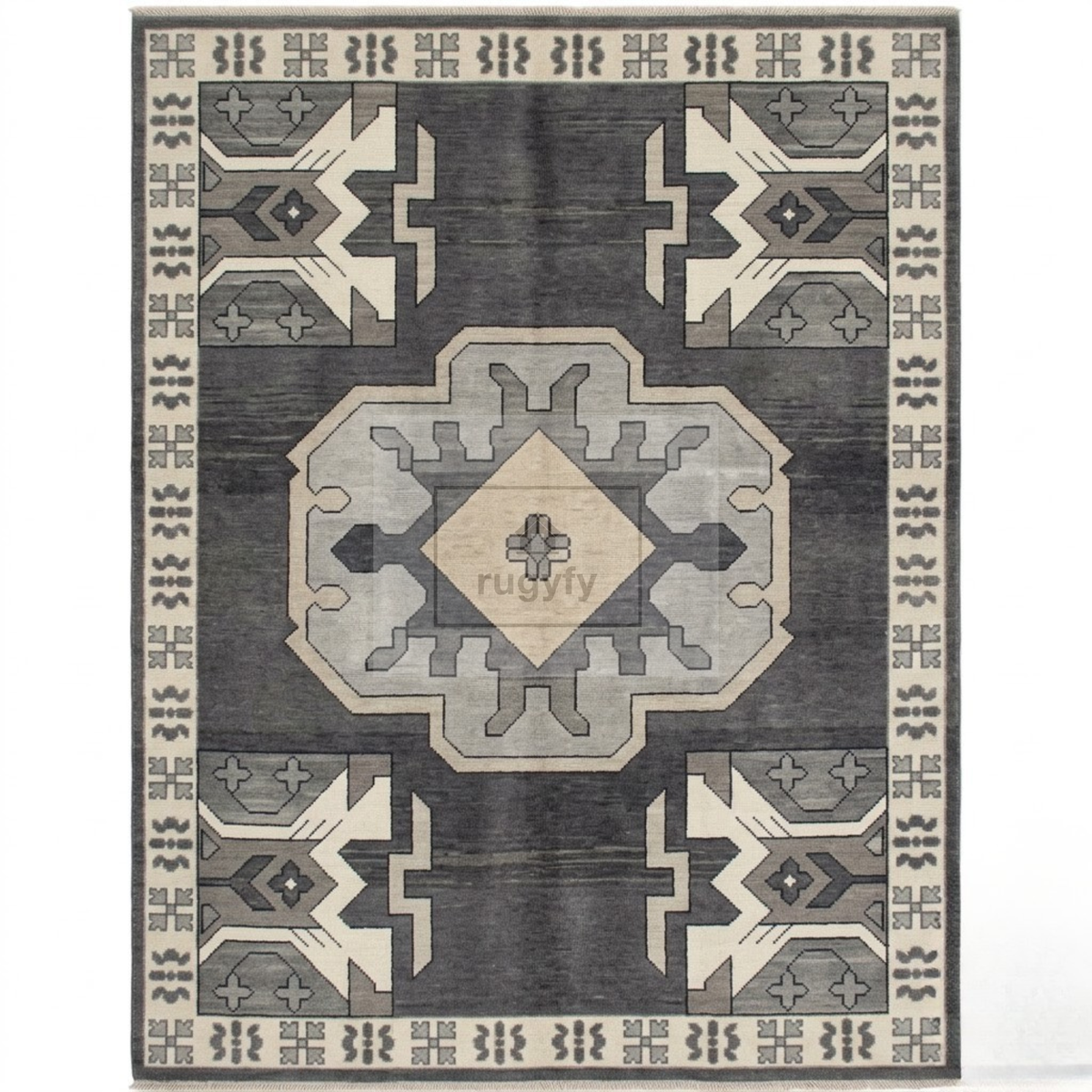 Charcoal & Ivory Oushak Wool Rug | 6x9 8x10 ft Hand-Knotted | Bedroom Living Room Area Rug
