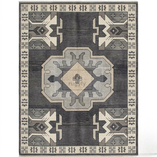Charcoal & Ivory Oushak Wool Rug | 6x9 8x10 ft Hand-Knotted | Bedroom Living Room Area Rug