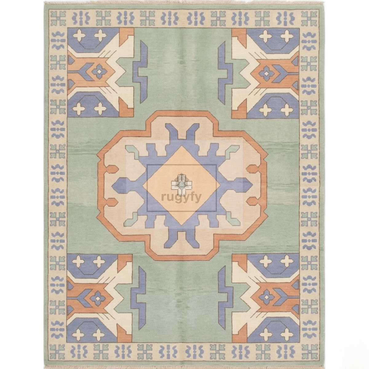 Sage Green & Blue Turkish Oushak Rug | 5x8 8x10 ft Hand-Knotted Wool | Living Room Bedroom Rug