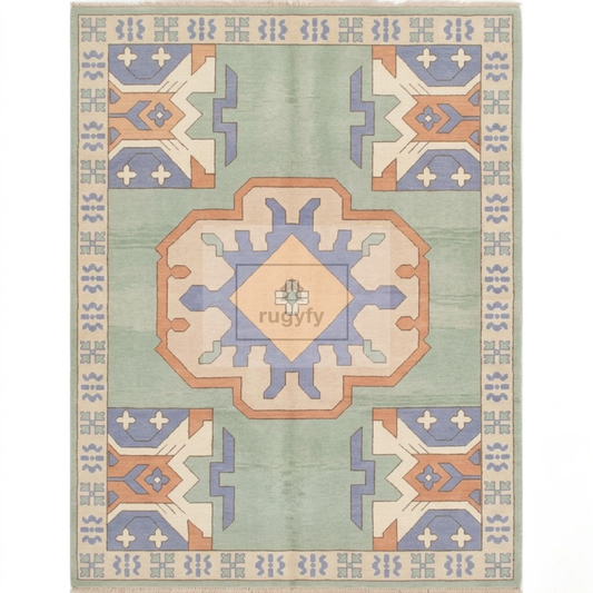 Sage Green & Blue Turkish Oushak Rug | 5x8 8x10 ft Hand-Knotted Wool | Living Room Bedroom Rug