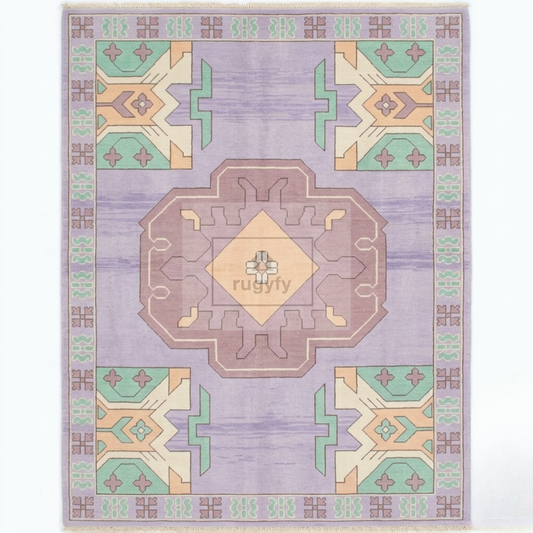 Lavender & Mint Kazak Rug | Hand-Knotted Geometric Medallion Wool Rug | Bedroom & Nursery 8x10