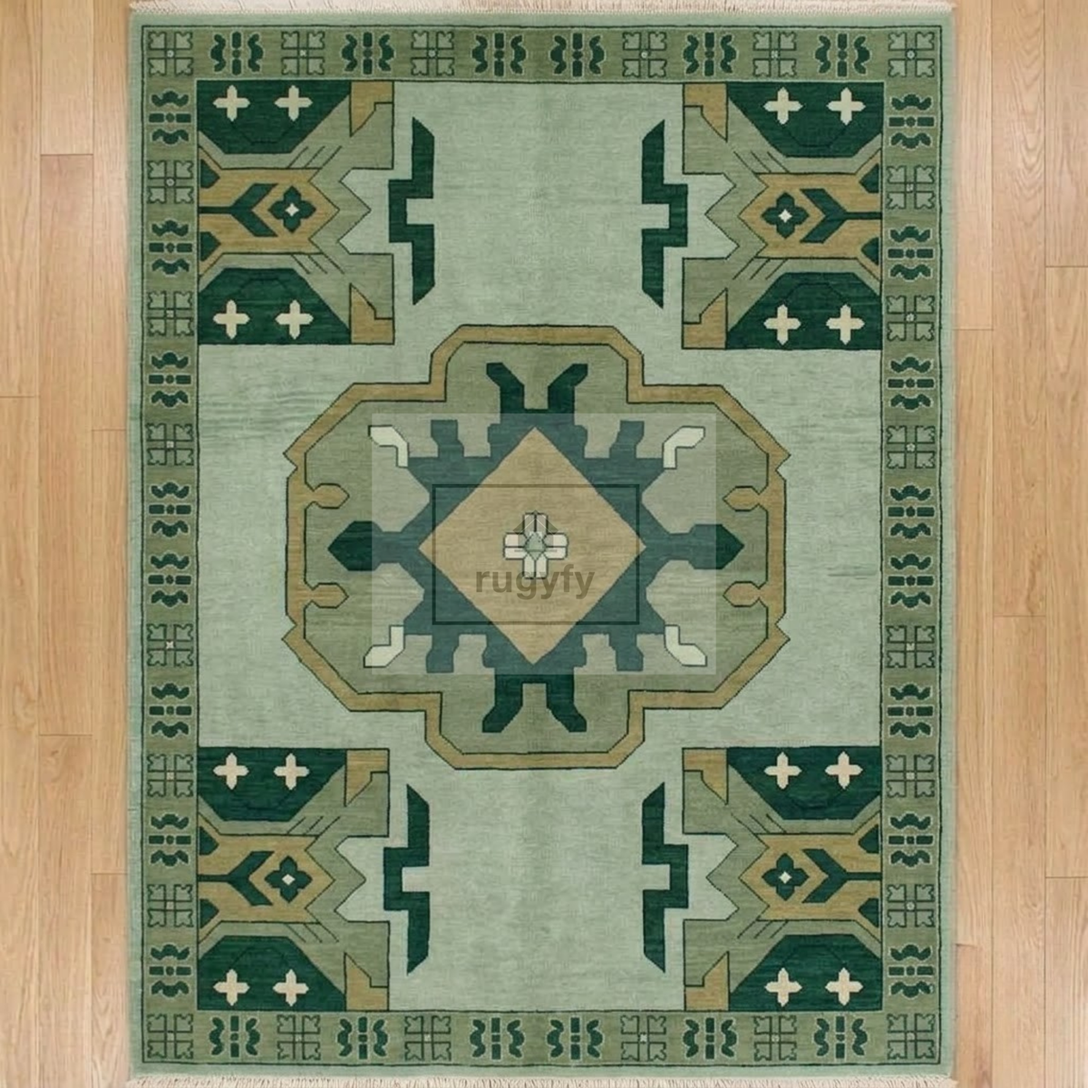 Mint & Forest Green Kazak Rug | Hand-Knotted Geometric Medallion Wool Rug | Farmhouse Dining Room 9x12