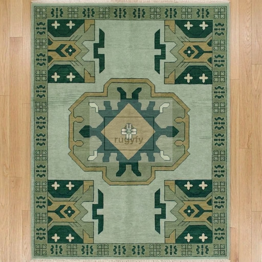 Mint & Forest Green Kazak Rug | Hand-Knotted Geometric Medallion Wool Rug | Farmhouse Dining Room 9x12