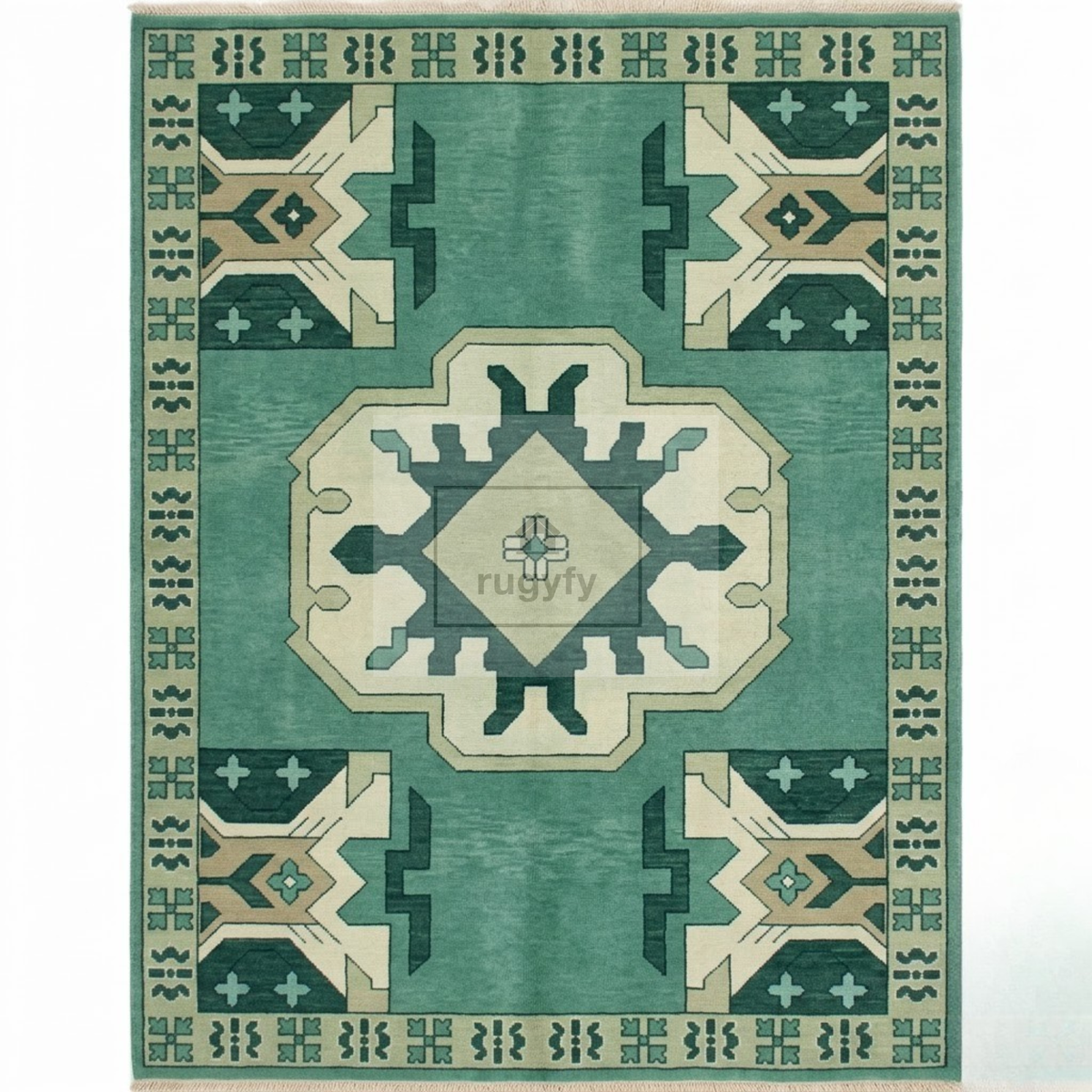Jade Green & Cream Kazak Rug | Hand-Knotted Tribal Medallion Wool Area Rug | Living Room Entryway 8x10