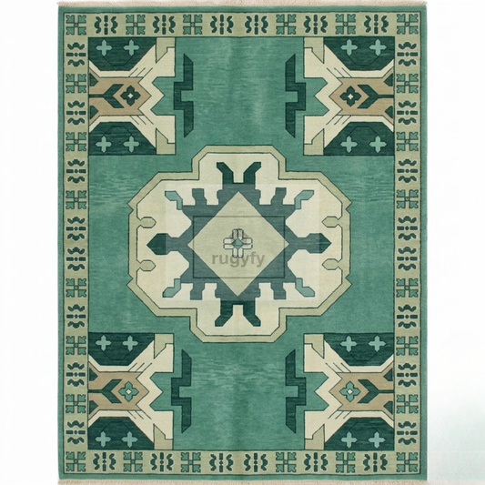 Jade Green & Cream Kazak Rug | Hand-Knotted Tribal Medallion Wool Area Rug | Living Room Entryway 8x10