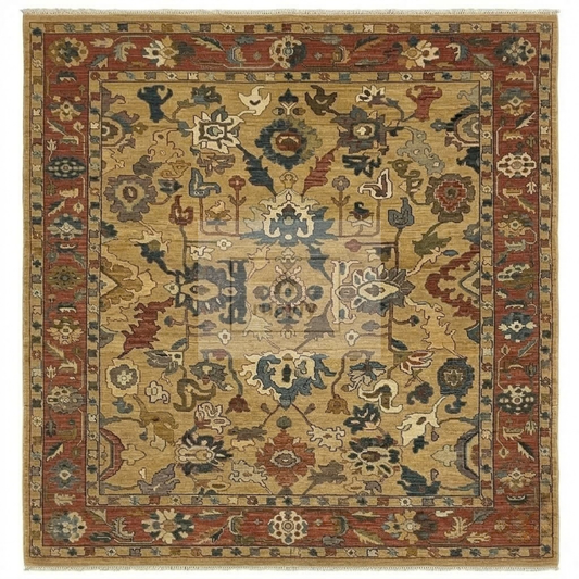 Gold & Brick Red Turkish Oushak Rug | 5x8 8x10 ft Hand-Knotted New Zealand Wool | Living Room Bedroom Rug