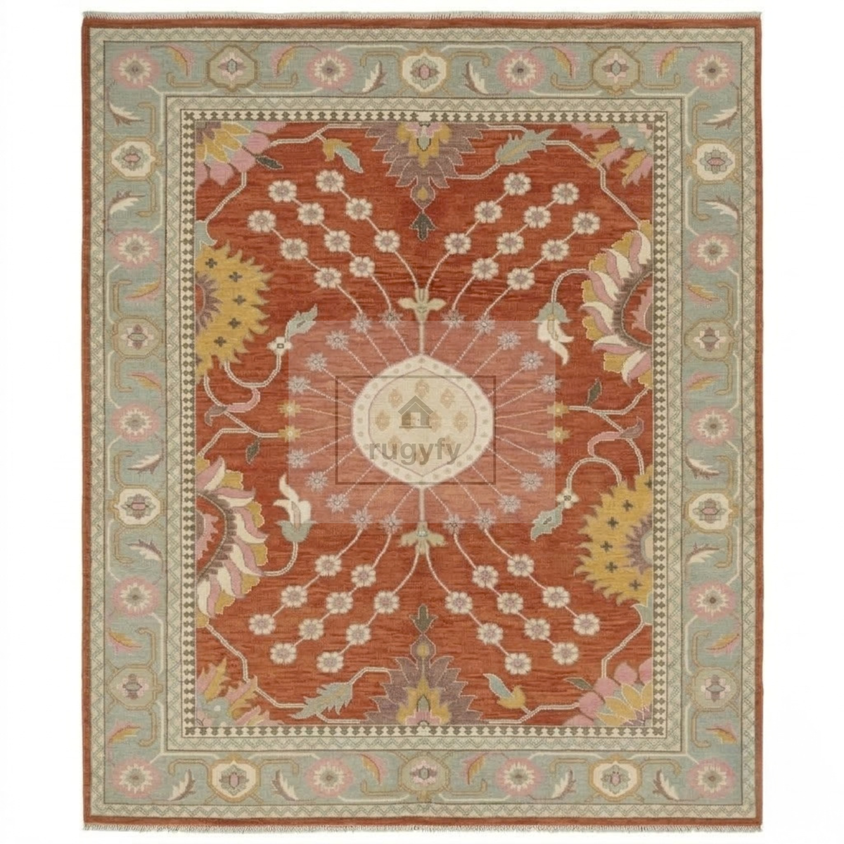 Rust & Sage Blue Vintage Oushak Area Rug | 9x12 10x14 ft Hand-Knotted Wool | Living Room Dining Room