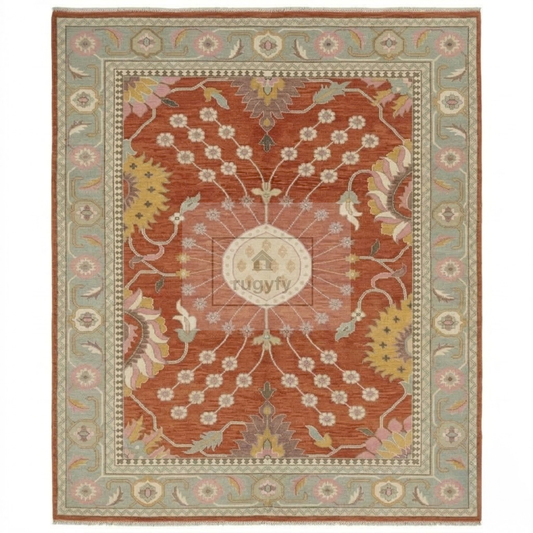 Rust & Sage Blue Vintage Oushak Area Rug | 9x12 10x14 ft Hand-Knotted Wool | Living Room Dining Room