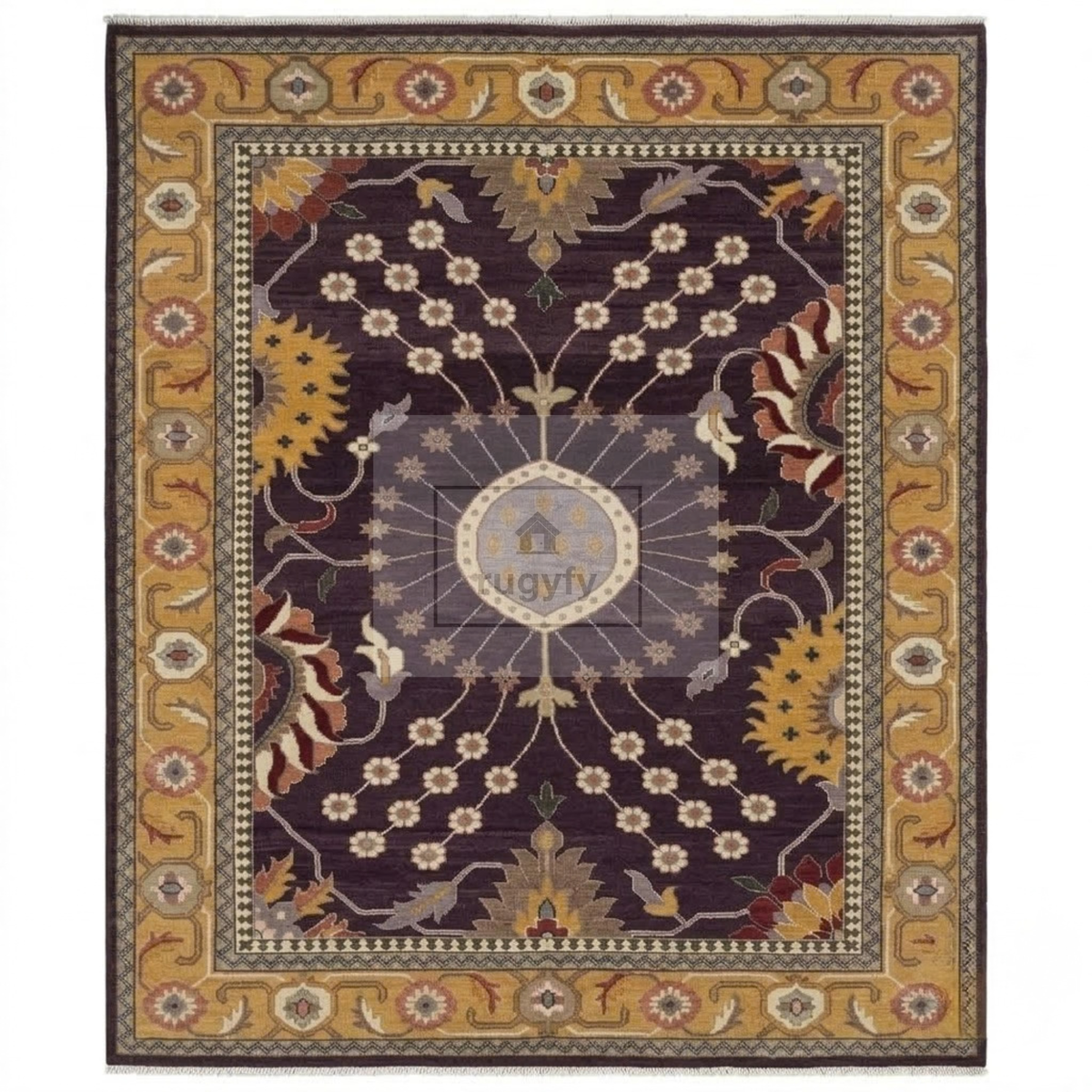 Dark Plum & Gold Turkish Oushak Rug | 5x8 8x10 ft Hand-Knotted New Zealand Wool | Living Room Bedroom Rug
