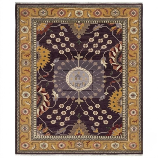 Dark Plum & Gold Turkish Oushak Rug | 5x8 8x10 ft Hand-Knotted New Zealand Wool | Living Room Bedroom Rug