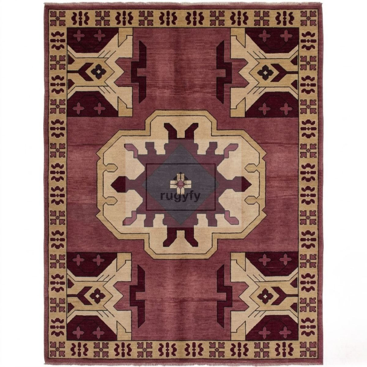 Burgundy & Gold Kazak Rug | Hand-Knotted Caucasian Tribal Geometric Wool Rug | Library Den Living Room 9x12