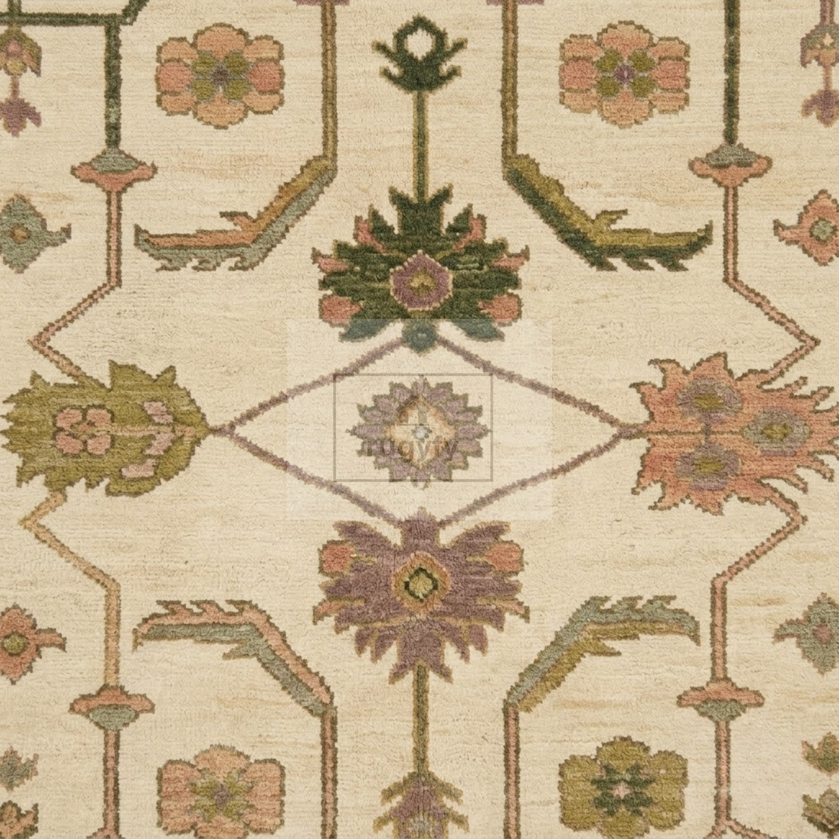 Ivory & Blush Pink Sultanabad Oushak Rug | Hand-Knotted Wool 8x10 9x12 | Olive Green Palmette Area Rug