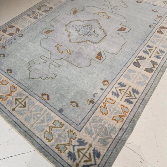Handmade Oushak Wool Rug – Light Blue Turkish Geometric Area Carpet | Vintage Modern Design for Living Room, Bedroom & Home Décor