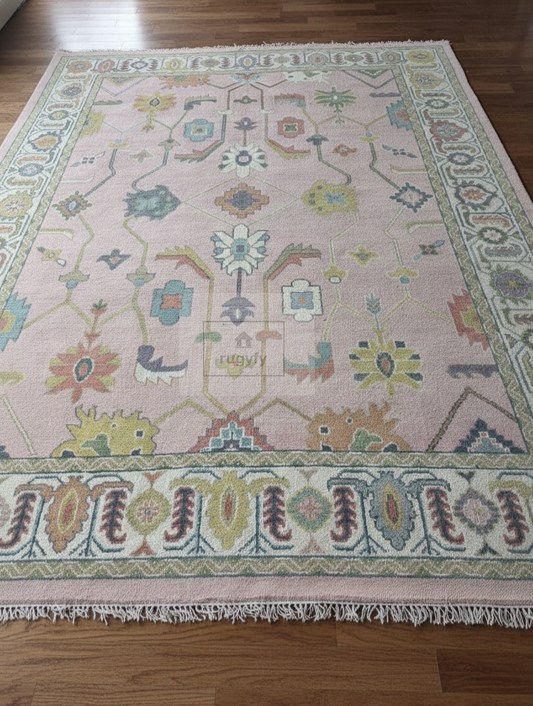 Hand Knotted Oushak Rug — Pastel Turkish Wool Area Rug for Living Room, Anatolian Floral Design