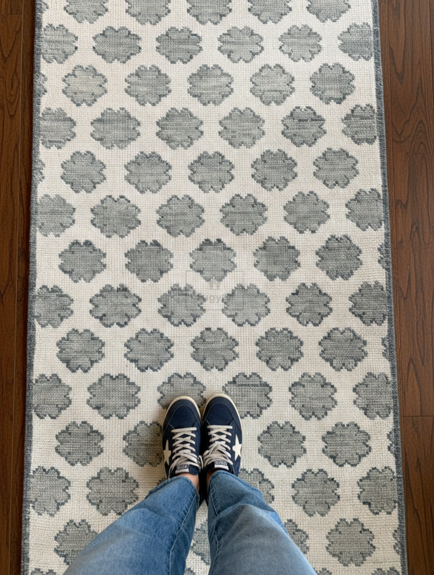 Ivory & Grey Oushak Rug | 2x9 & 3x10 ft | Hand-Knotted Wool Geometric Trellis | Living Room & Bedroom