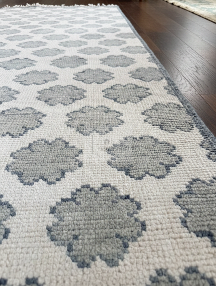 Ivory & Grey Oushak Rug | 2x9 & 3x10 ft | Hand-Knotted Wool Geometric Trellis | Living Room & Bedroom