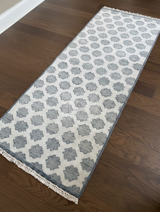 Ivory & Grey Oushak Rug | 2x9 & 3x10 ft | Hand-Knotted Wool Geometric Trellis | Living Room & Bedroom