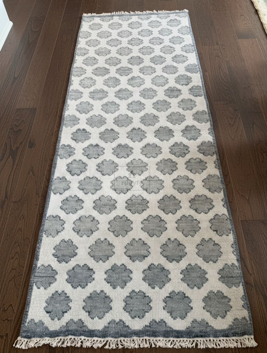 Ivory & Grey Oushak Rug | 2x9 & 3x10 ft | Hand-Knotted Wool Geometric Trellis | Living Room & Bedroom