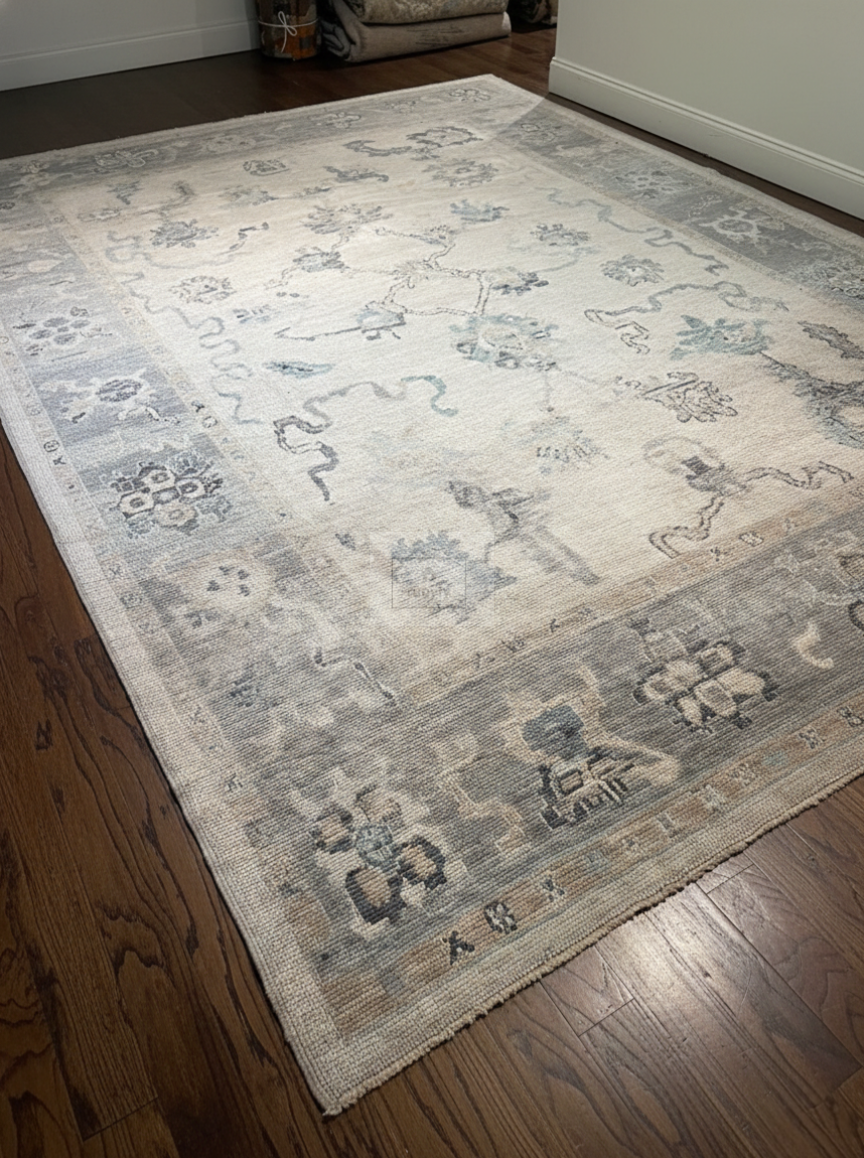 Charcoal & Cream Hand-Knotted Wool Oushak Rug | Floral Vine Anatolian Area Rug for Living Room