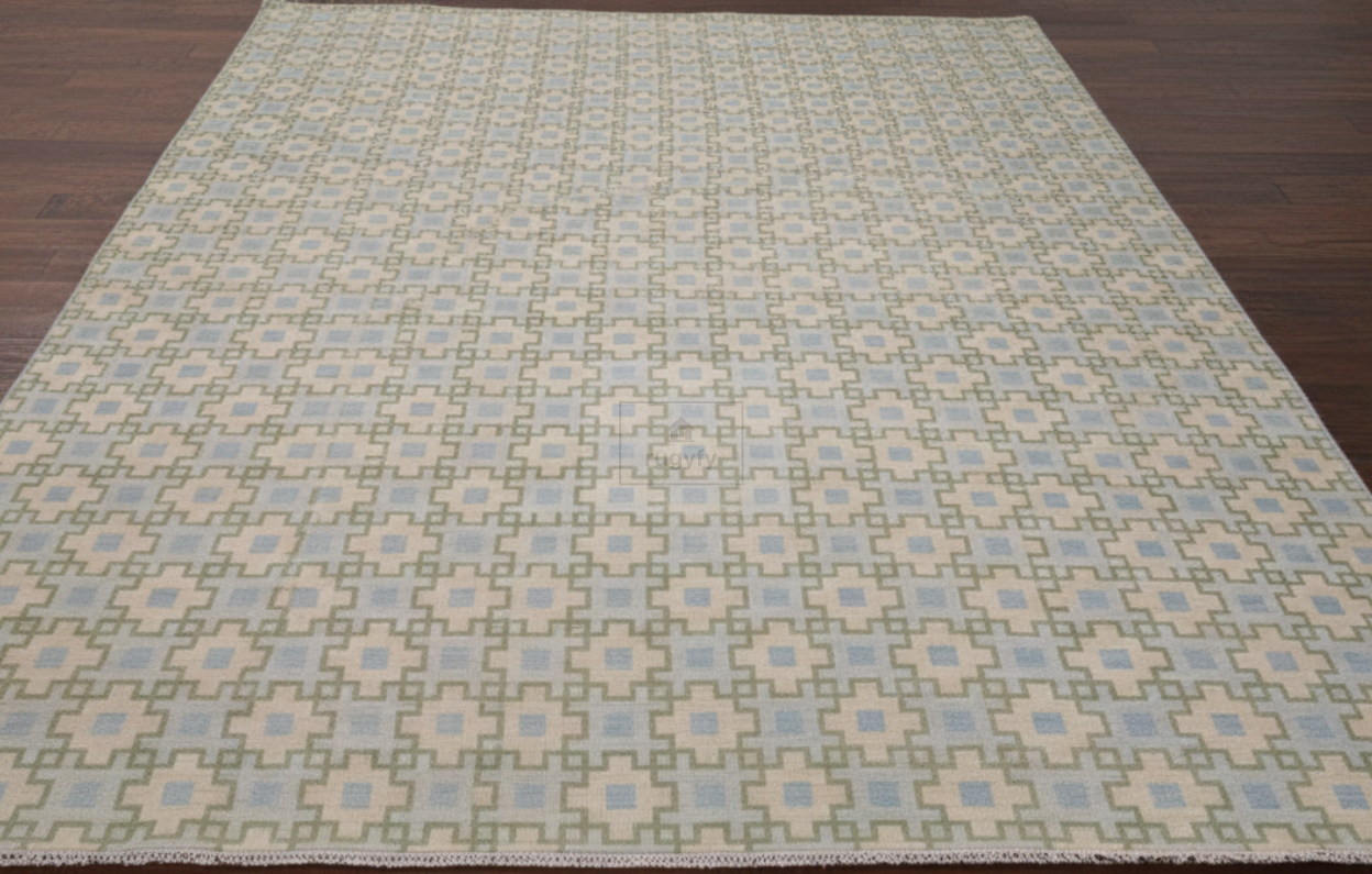 Ivory & Sage Hand-Knotted Wool Oushak Rug | Geometric Anatolian Area Rug for Bedroom