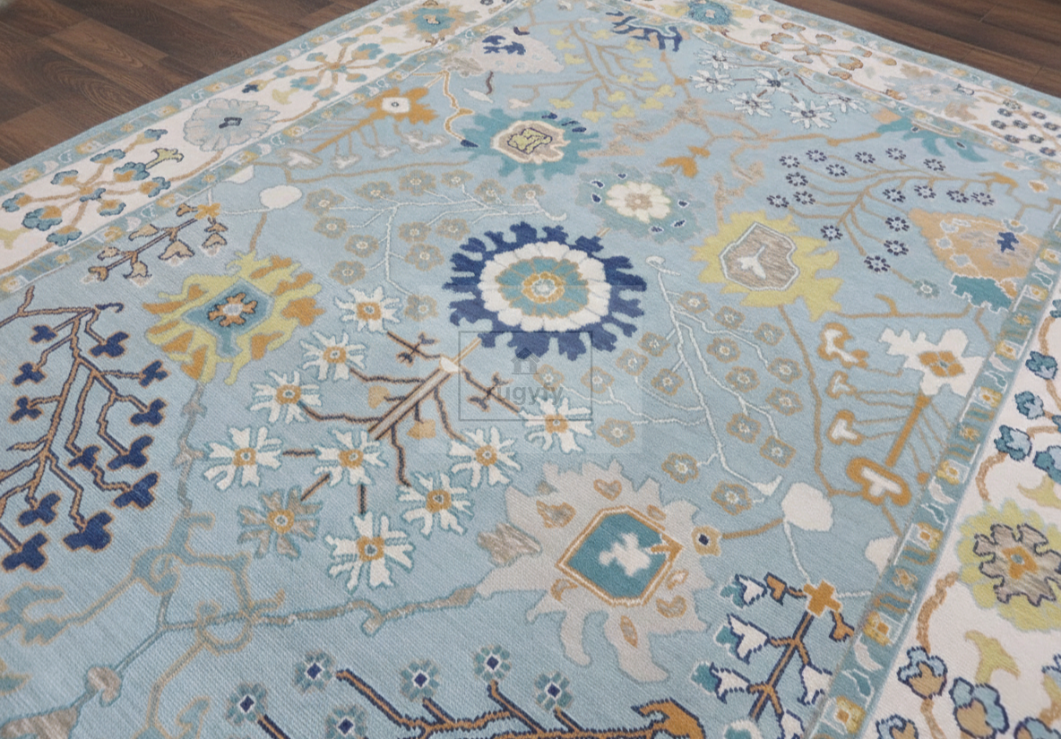 Sky Blue & Ivory Hand-Knotted Wool Oushak Rug | Floral Botanical Anatolian Area Rug for Living Room