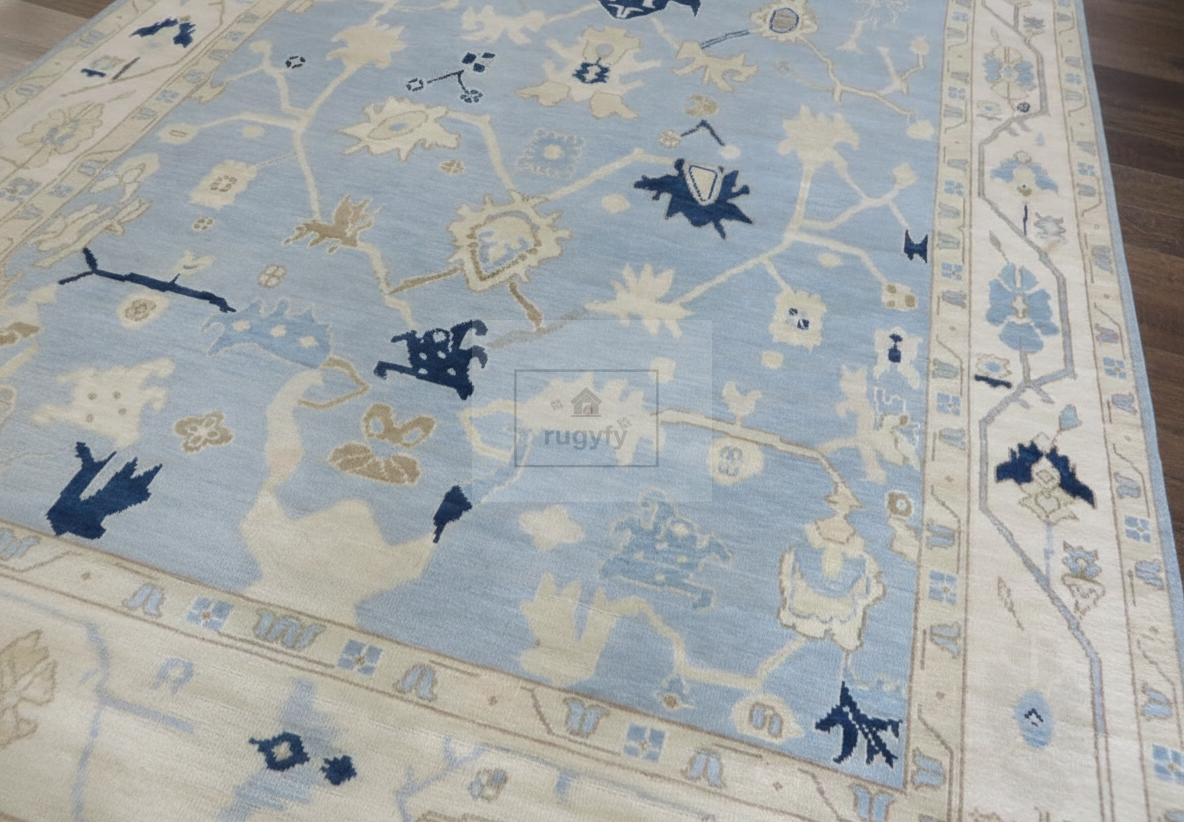 Sky Blue & Ivory Oushak Rug | 5x8 & 8x10 ft | Hand-Knotted Wool Floral | Living Room & Bedroom