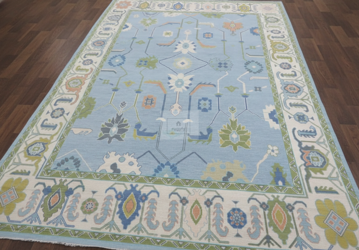 Blue & Ivory Oushak Rug | 5x8 & 8x10 ft | Hand-Knotted Wool Botanical Floral | Living Room & Bedroom
