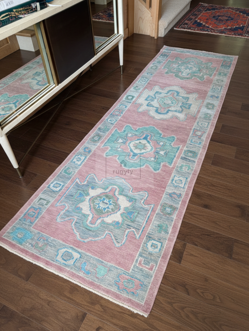 Blush & Teal Oushak Rug | 9x12 & 10x14 ft | Hand-Knotted Wool Geometric | Living Room & Dining Room