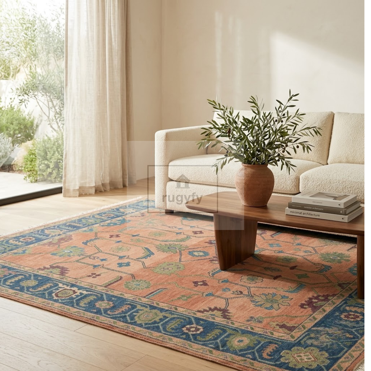 Coral & Navy Blue Sultanabad Oushak Rug | Hand-Knotted Wool 8x10 9x12 | Terracotta Palmette Area Rug