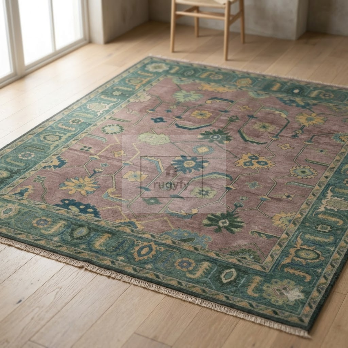 Dusty Mauve & Teal Green Sultanabad Oushak Rug | Hand-Knotted Wool 8x10 9x12 | Plum Rose Dining Room Rug