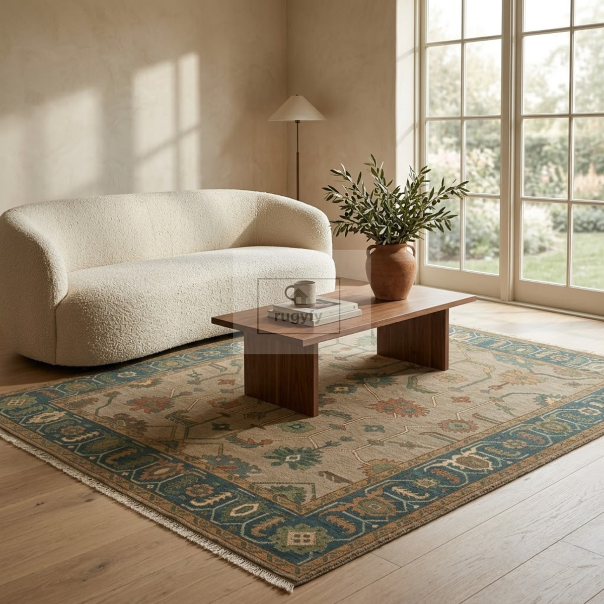 Taupe & Teal Blue Sultanabad Oushak Rug | Hand-Knotted Wool 8x10 9x12 | Sand Beige Square & Area Rug
