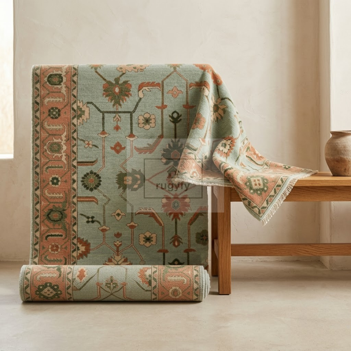 Seafoam Aqua & Coral Sultanabad Oushak Rug | Hand-Knotted Wool 8x10 9x12 | Mint & Peach Palmette Rug