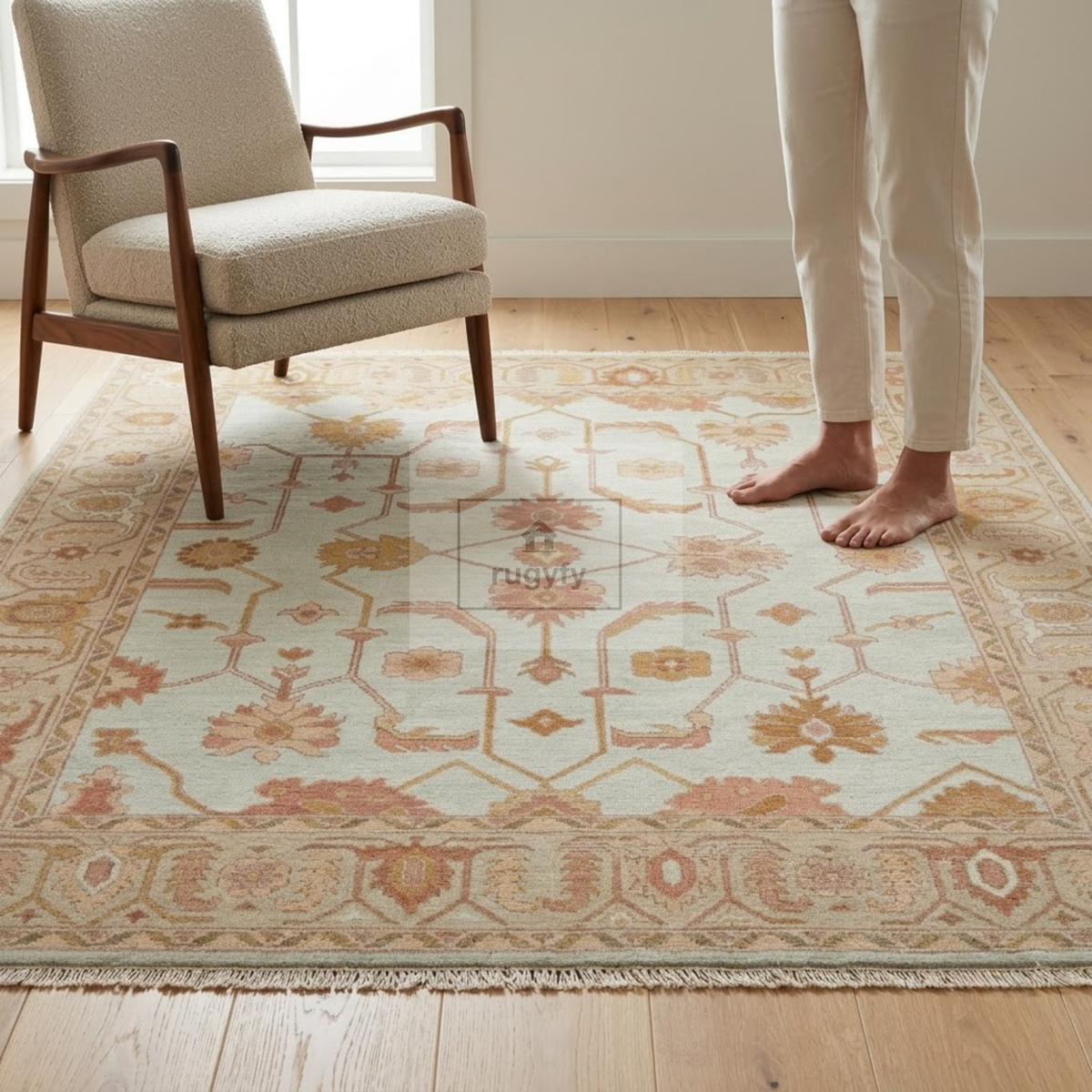 Ivory & Honey Gold Sultanabad Oushak Rug | Hand-Knotted Wool 8x10 9x12 | Apricot Neutral Living Room Rug