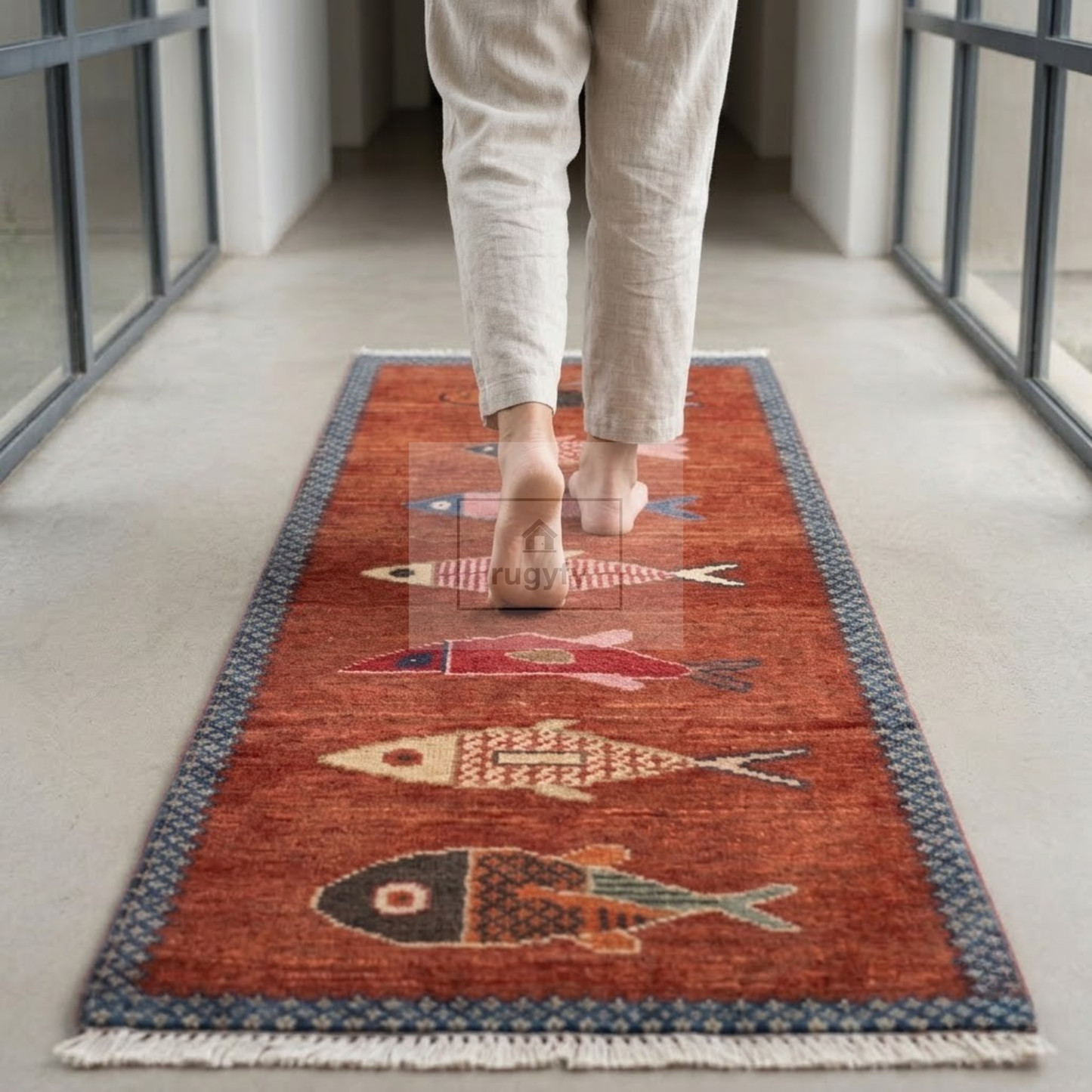 Terracotta Fish Motif Hand-Knotted Wool Rug | 2026's Trending Rust Pictorial Rug for Living Room