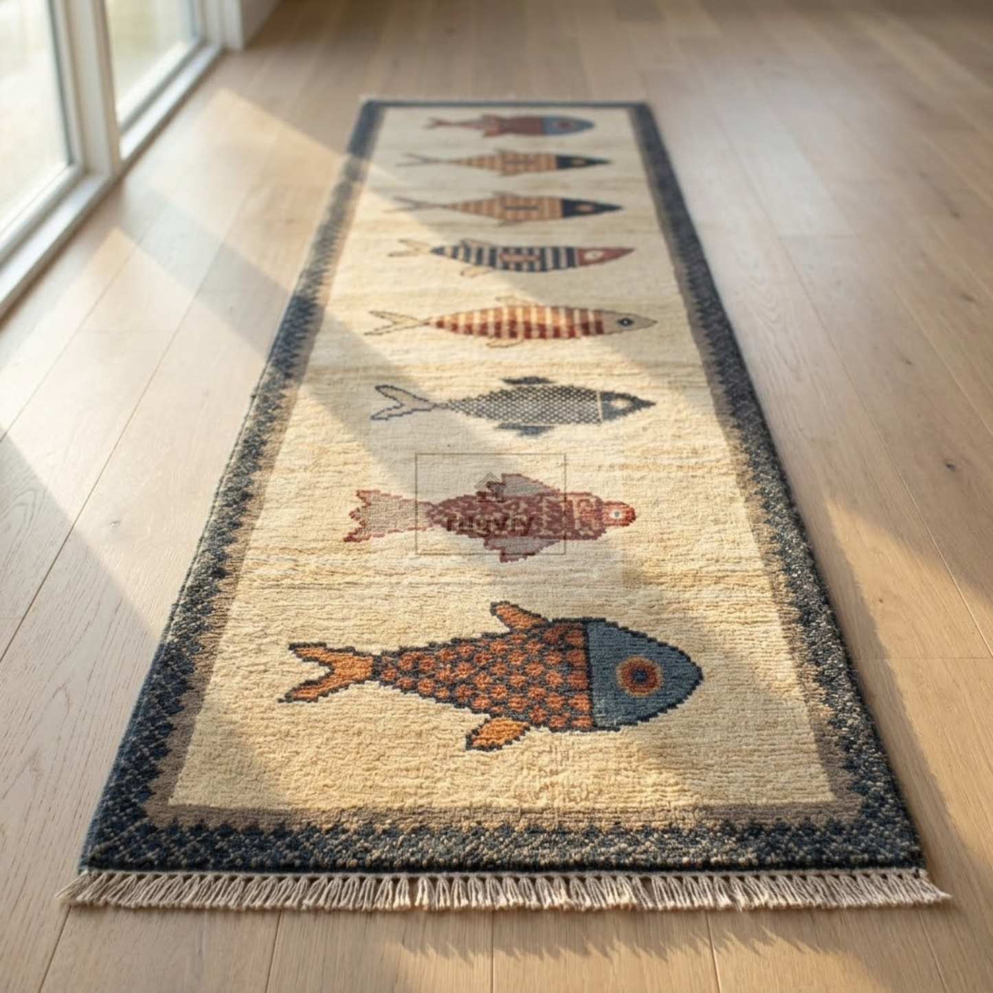Ivory Fish Motif Hand-Knotted Wool Rug | Quiet Luxury Pictorial Rug for Nursery &amp; Living Room