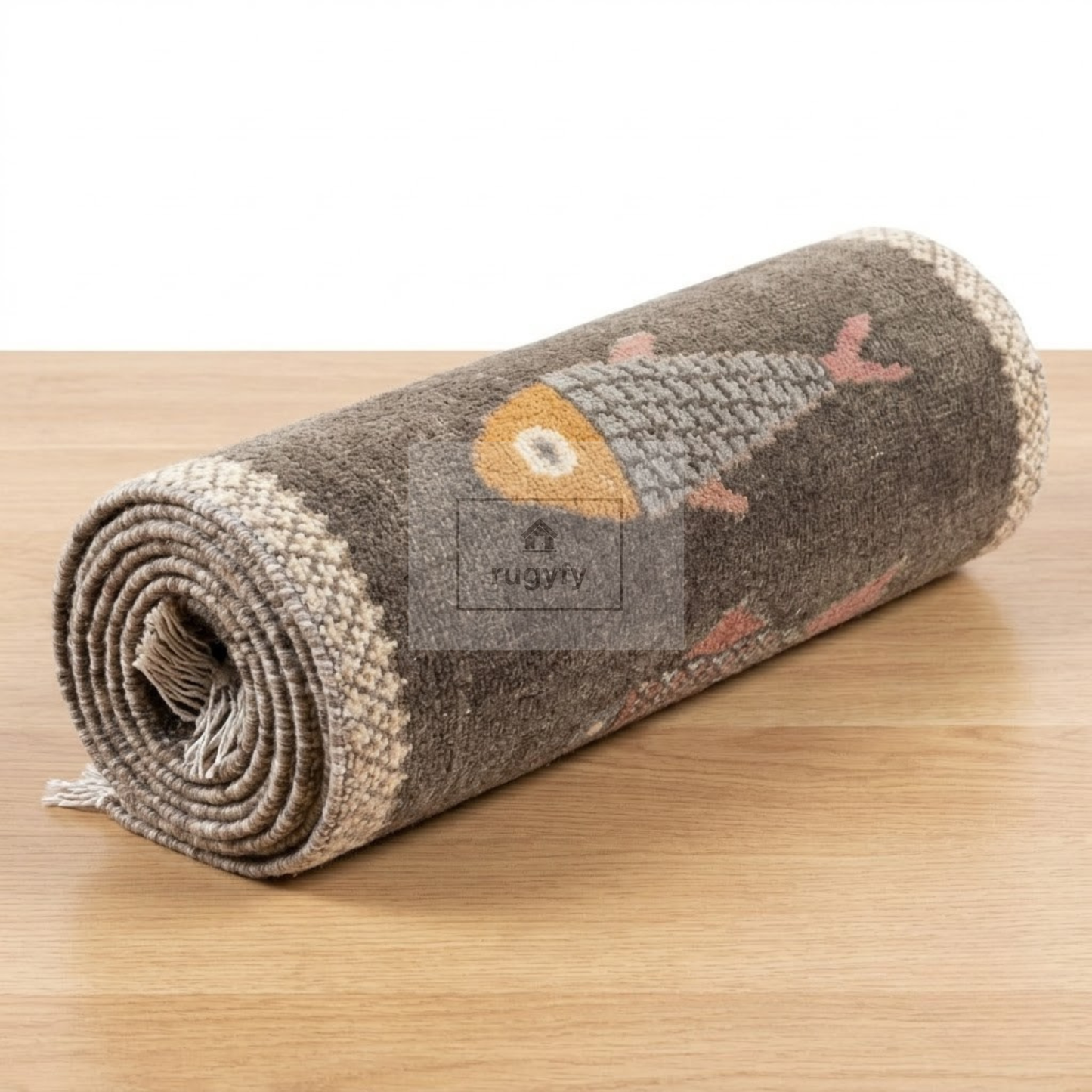 Charcoal Fish Motif Hand-Knotted Wool Rug | Moody Neutral Pictorial Rug for Hallway &amp; Entryway