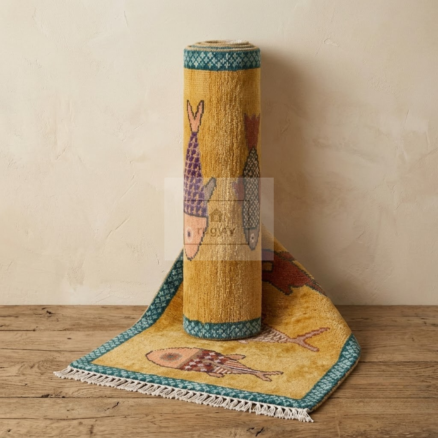 Golden Fish Motif Hand-Knotted Wool Rug | Whimsical Pictorial Folk Art Area Rug for Living Room