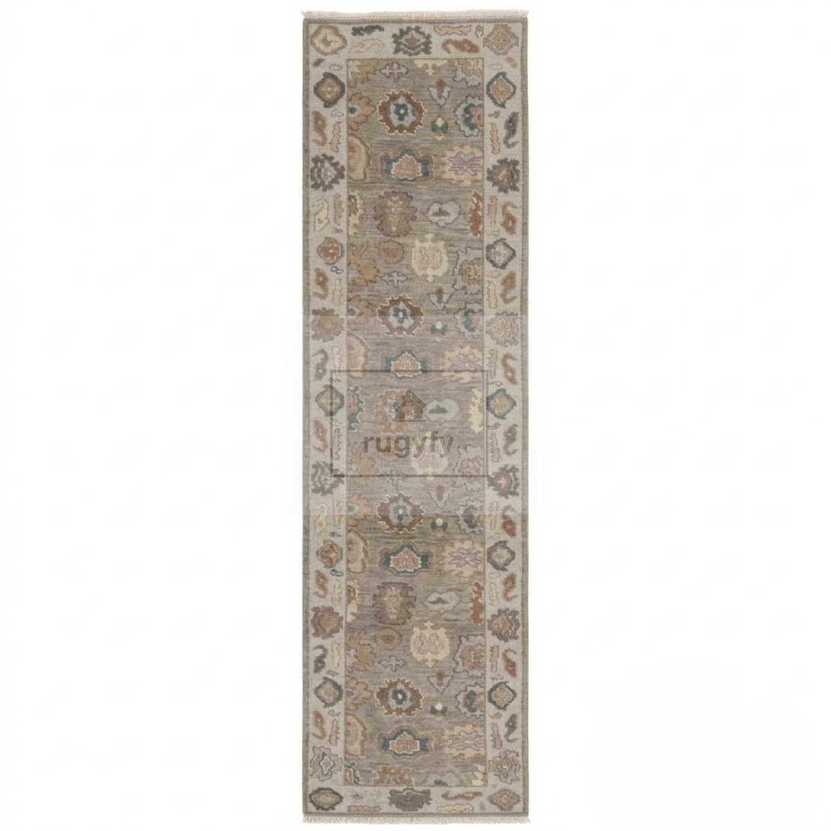 Silver & Ivory Oushak Rug | 2x8 & 2.5x10 ft | Hand-Knotted Wool Floral | Living Room & Bedroom
