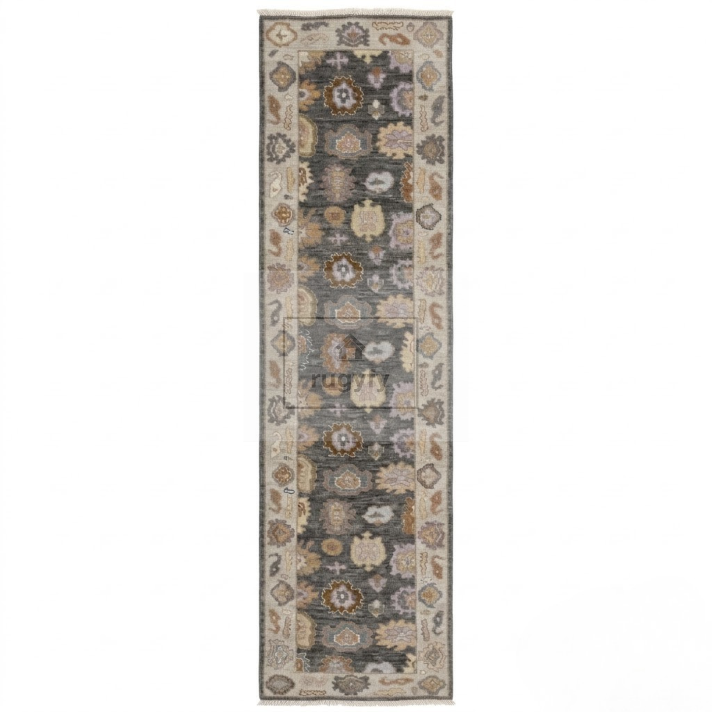 Charcoal & Ivory Oushak Rug | 2.5x12 & 3x14 ft | Hand-Knotted Wool Floral | Living Room & Dining Room