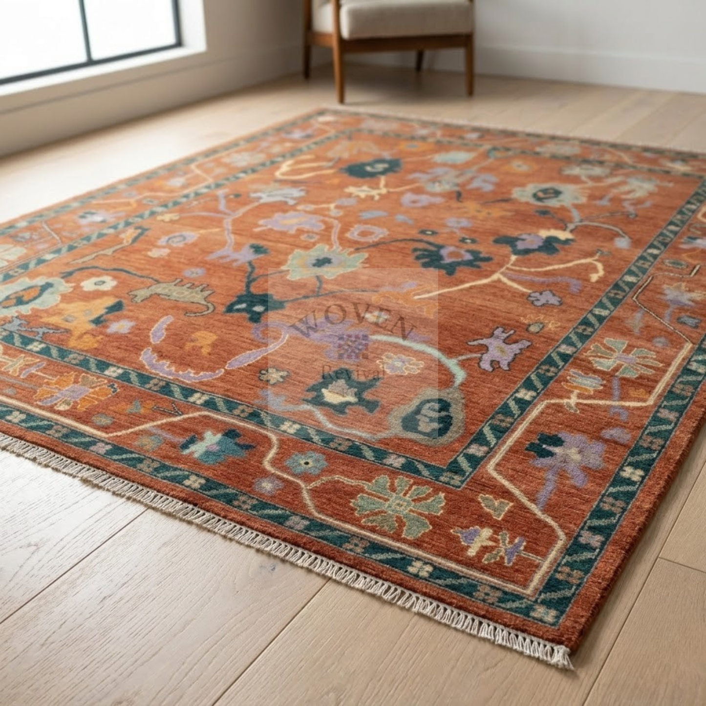 Custom Terracotta Oushak Hand-Knotted Wool Rug for Interior Designers | Rust & Pine Teal Anatolian Design, Trade & Contract Sizes