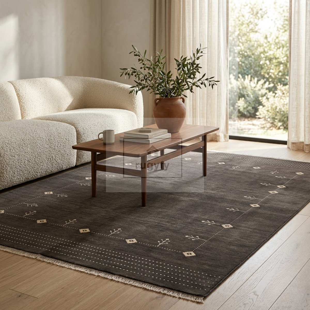 Charcoal & Ivory Turkish Oushak Area Rug | 8x10 9x12 ft Hand-Knotted New Zealand Wool | Living Room Rug