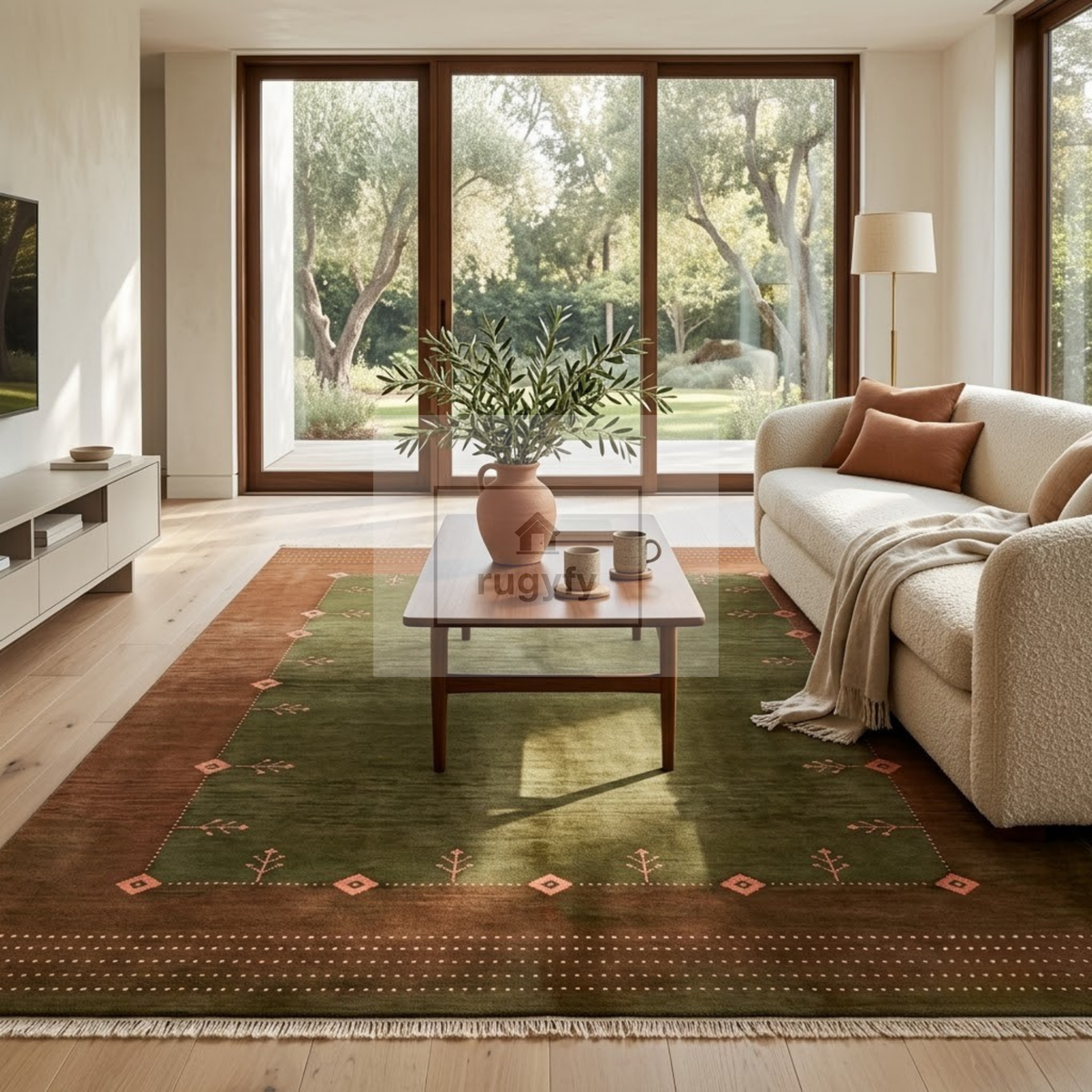Olive Green & Rust Turkish Oushak Rug | 5x8 8x10 ft Hand-Knotted New Zealand Wool | Living Room Bedroom Rug