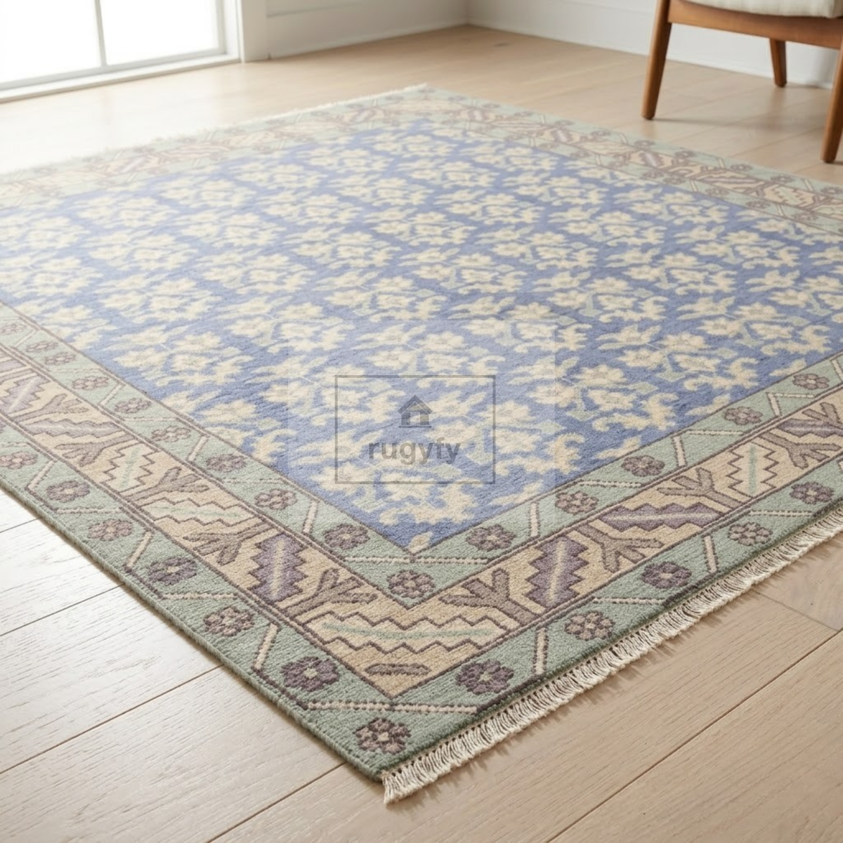 Dusty Blue & Ivory Oushak Area Rug | 8x10 9x12 ft Hand-Knotted New Zealand Wool | Periwinkle Floral Turkish Living Room Rug