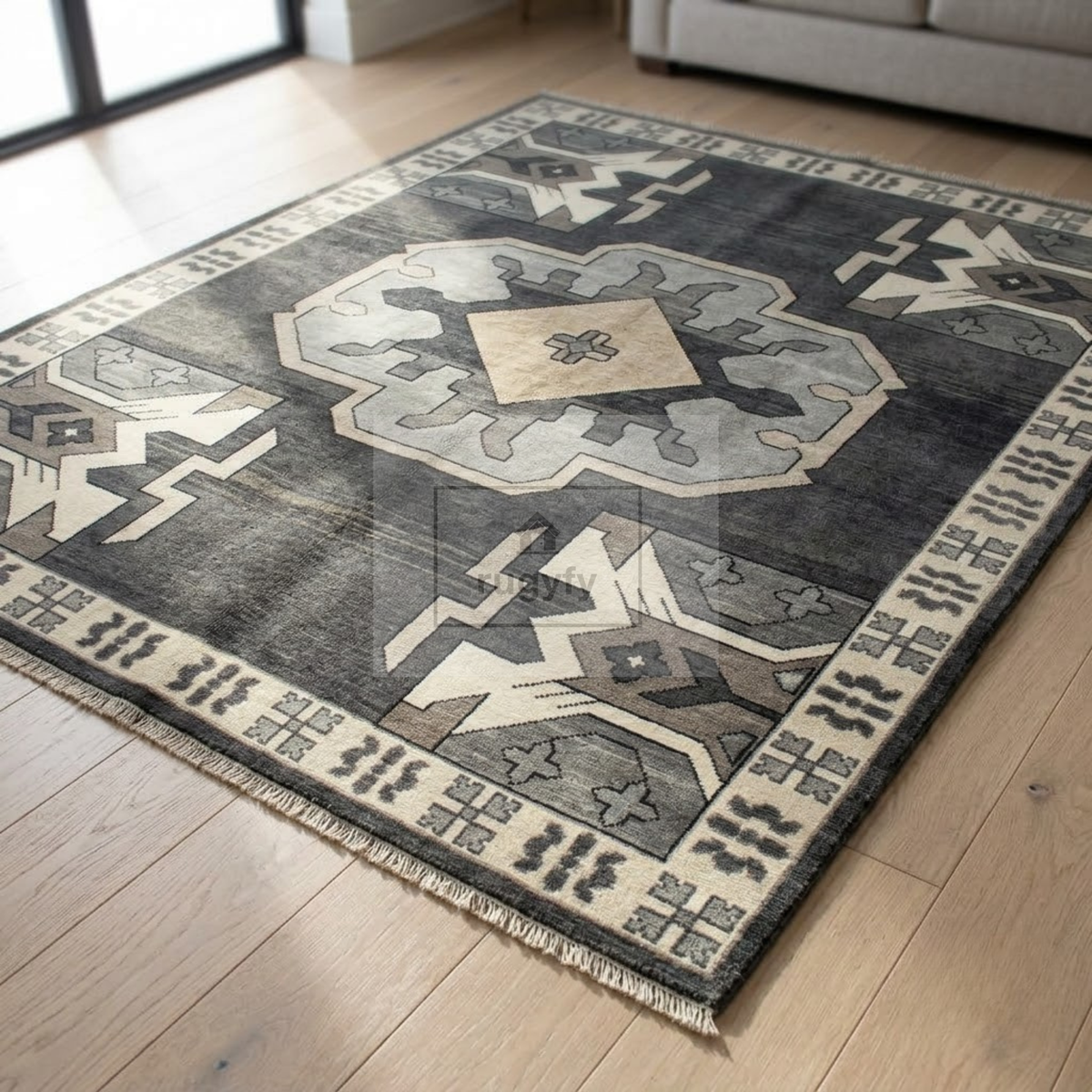 Charcoal & Ivory Oushak Wool Rug | 6x9 8x10 ft Hand-Knotted | Bedroom Living Room Area Rug