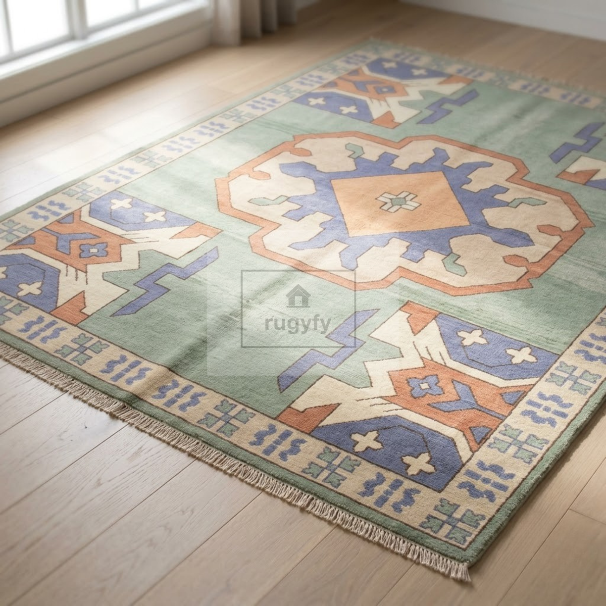 Sage Green & Blue Turkish Oushak Rug | 5x8 8x10 ft Hand-Knotted Wool | Living Room Bedroom Rug