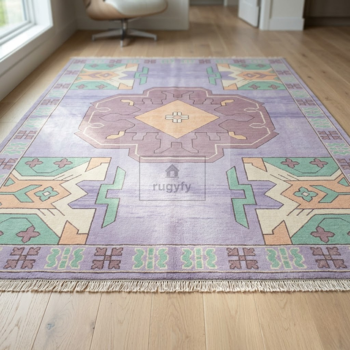 Lavender & Mint Kazak Rug | Hand-Knotted Geometric Medallion Wool Rug | Bedroom & Nursery 8x10